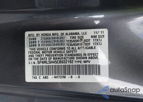 2012 Honda Odyssey Ex z USA, uszkodzony, nr VIN 5FNRL5H45CB032192